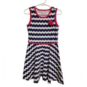 Nannette‎ Navy & White Striped Wave Girls Sleeveless Dress with Pink Trim & Rose